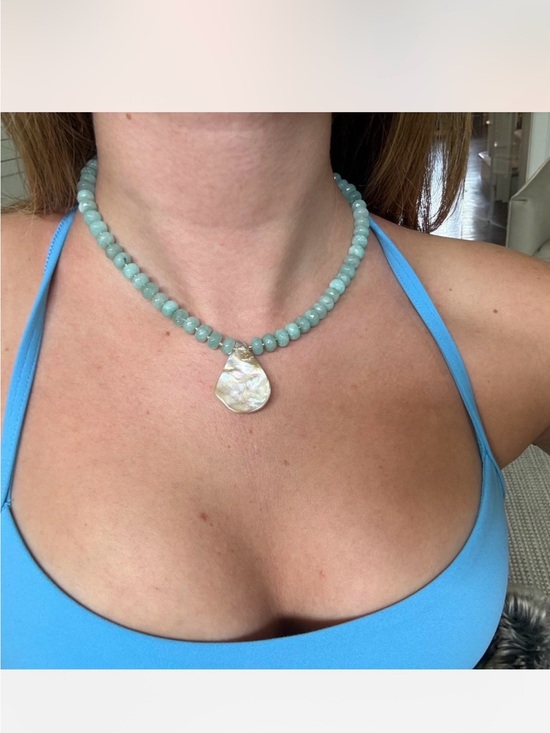 Handmade Jewelry - Aquamarine Beaded Necklace with Iridescent Shell Pendant - Women